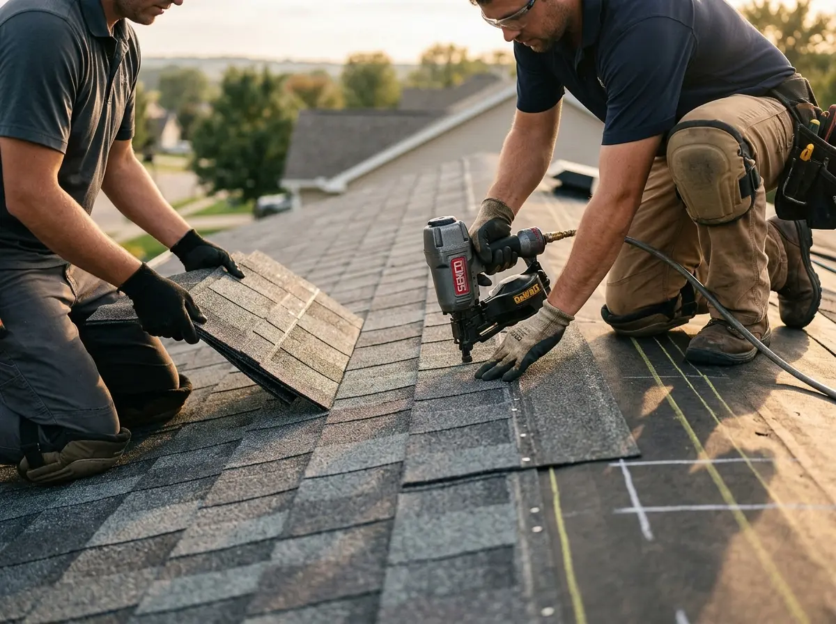 Professional roofer working on a residential roof in Yankton